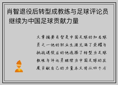 肖智退役后转型成教练与足球评论员 继续为中国足球贡献力量 肖智退役后转型成教练与足球评论员 继续为中国足球贡献力量
